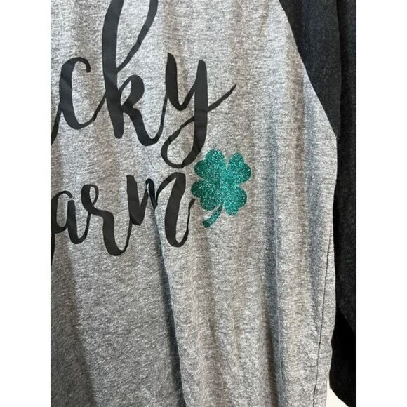Lucky Charm Raglan Shirt Gray & Black With Glitter Shamrock Small Next Level App - Picture 3 of 5